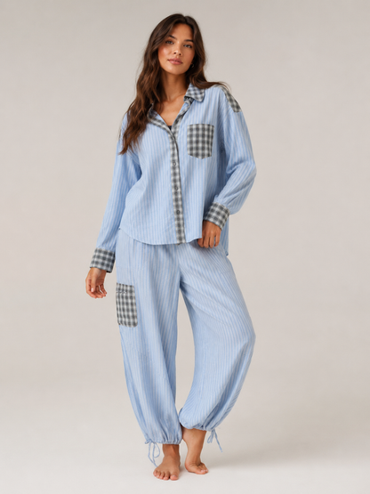 Women’s Plaid Pyjama Set – Relaxed Button-Up Shirt with Drawstring Jogger Trousers for Sleep and Lounging