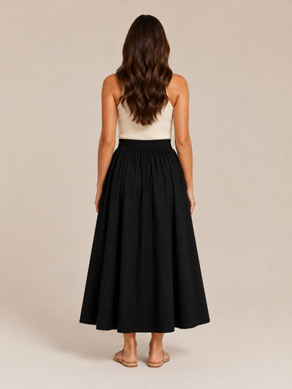 Women’s Elasticated A-Line Midi Skirt – High-Waisted Flowing Design with Soft Pleats and Pockets for Work and Everyday Wear
