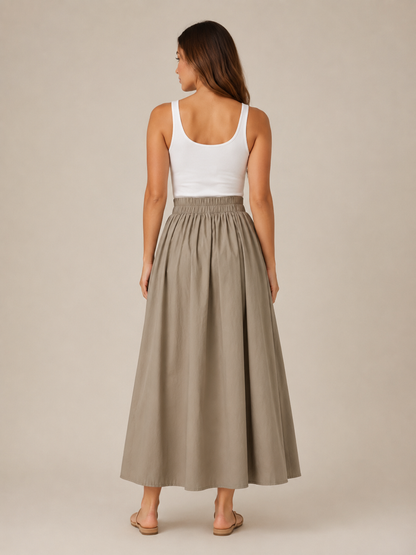 Women’s Elasticated A-Line Midi Skirt – High-Waisted Flowing Design with Soft Pleats and Pockets for Work and Everyday Wear