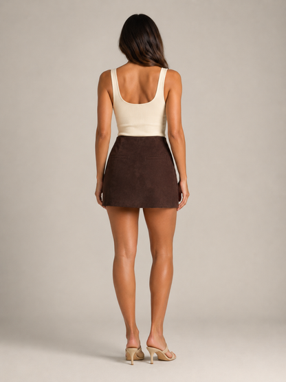 Women’s Suede Mini Skirt – Genuine Sheepskin Straight-Cut Design with Hidden Zip for Dinner and Evening Wear
