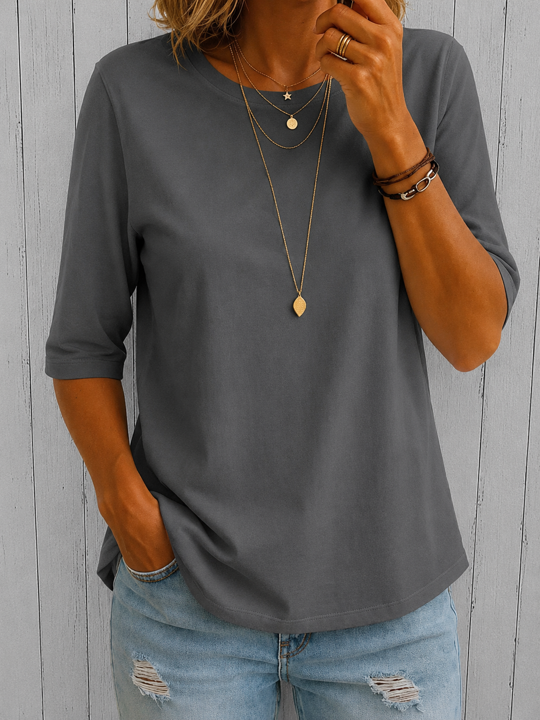 Women’s T-Shirt – Relaxed Round-Neck Tee with Three-Quarter Sleeves