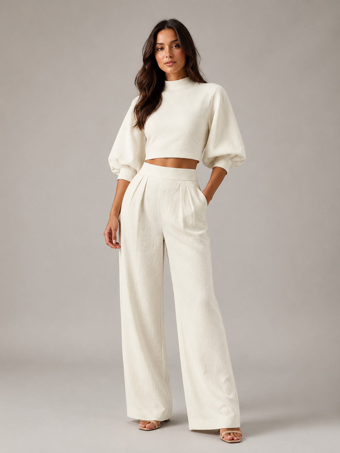 Women’s Cropped Balloon-Sleeve Two-Piece Set – High-Neck Top with Pleated Wide-Leg Trousers for Summer Occasions