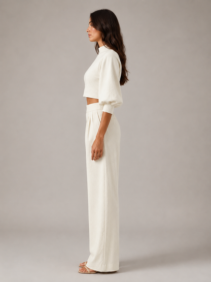 Women’s Cropped Balloon-Sleeve Two-Piece Set – High-Neck Top with Pleated Wide-Leg Trousers for Summer Occasions