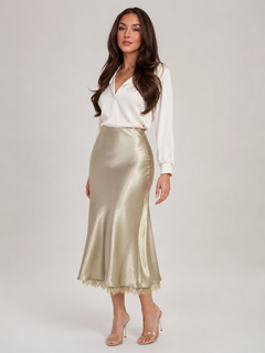Women’s Satin-Look Midi Skirt – High-Waisted A-Line Design with Lace-Trim Hem for Dinners and Occasion Wear