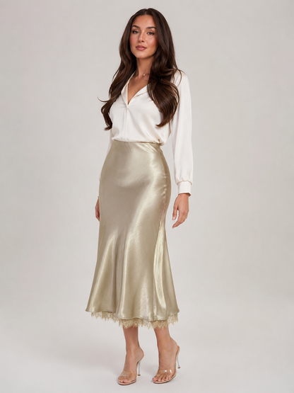 Women’s Satin-Look Midi Skirt – High-Waisted A-Line Design with Lace-Trim Hem for Dinners and Occasion Wear
