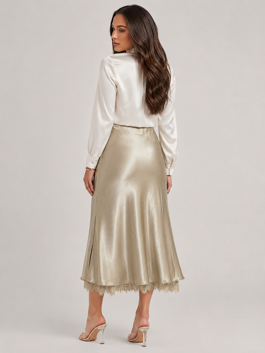 Women’s Satin-Look Midi Skirt – High-Waisted A-Line Design with Lace-Trim Hem for Dinners and Occasion Wear