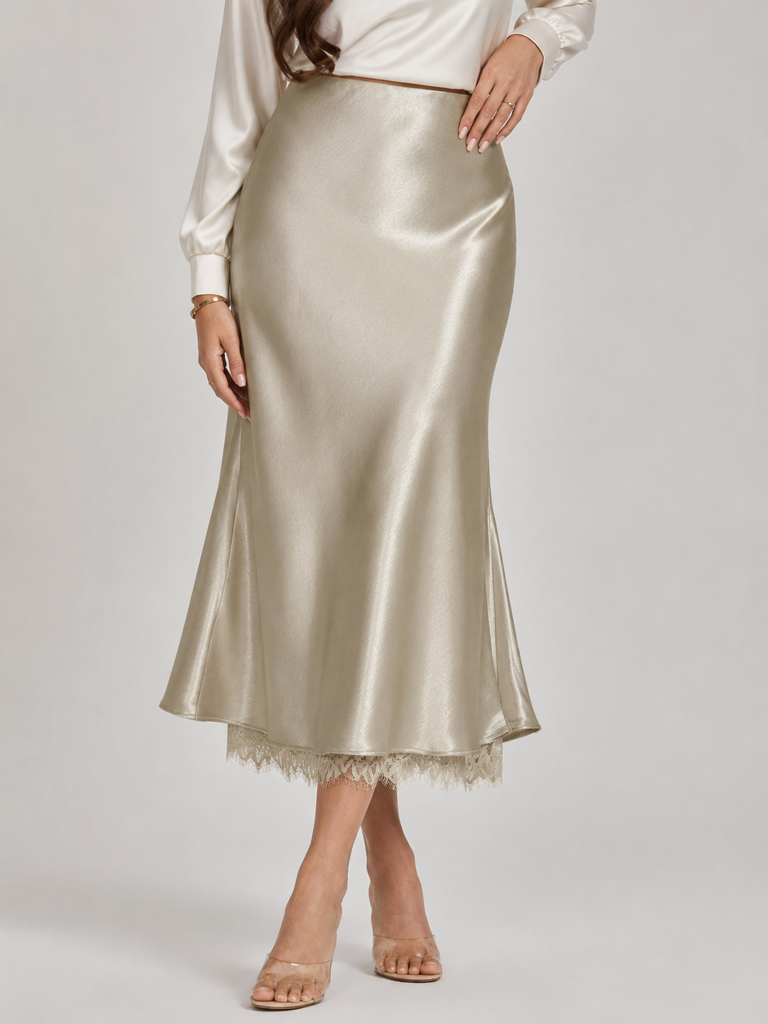 Women’s Satin-Look Midi Skirt – High-Waisted A-Line Design with Lace-Trim Hem for Dinners and Occasion Wear