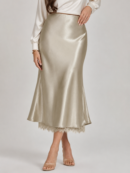 Women’s Satin-Look Midi Skirt – High-Waisted A-Line Design with Lace-Trim Hem for Dinners and Occasion Wear