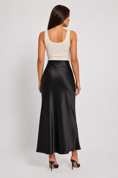 Women’s Satin A-Line Maxi Skirt – High-Waisted Flowing Silhouette with Soft Sheen for Dinners and Occasion Wear