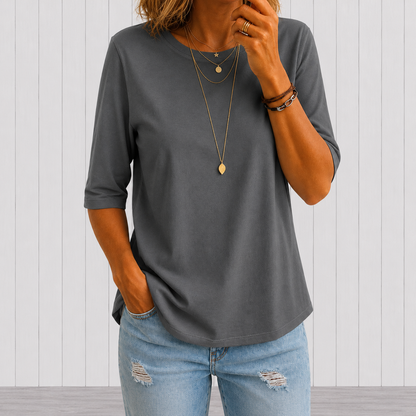 Women’s T-Shirt – Relaxed Round-Neck Tee with Three-Quarter Sleeves