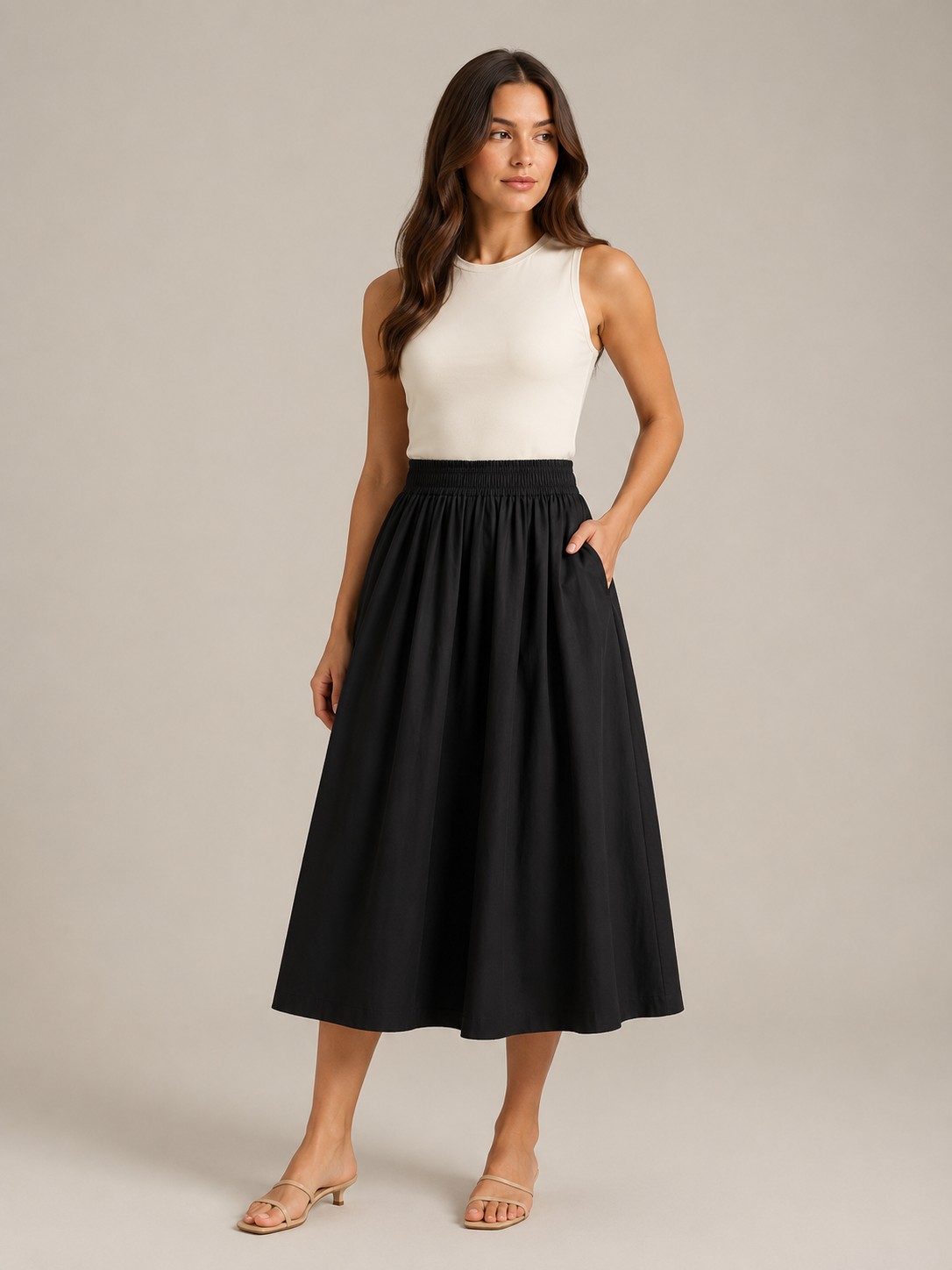 Women’s Pleated Midi Skirt – High-Waisted A-Line Design with Elasticated Waist and Pockets for Work and Weekend Wear