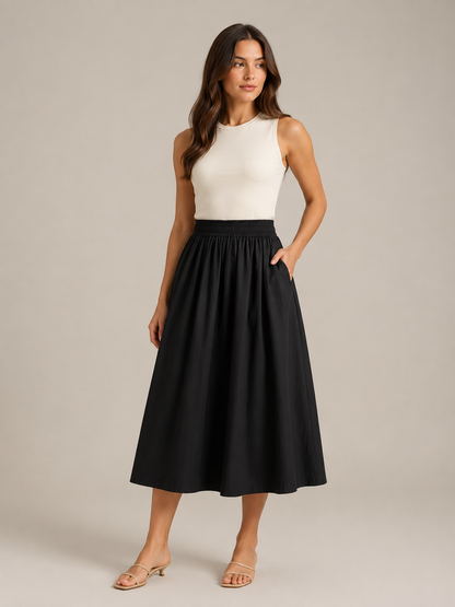 Women’s Pleated Midi Skirt – High-Waisted A-Line Design with Elasticated Waist and Pockets for Work and Weekend Wear