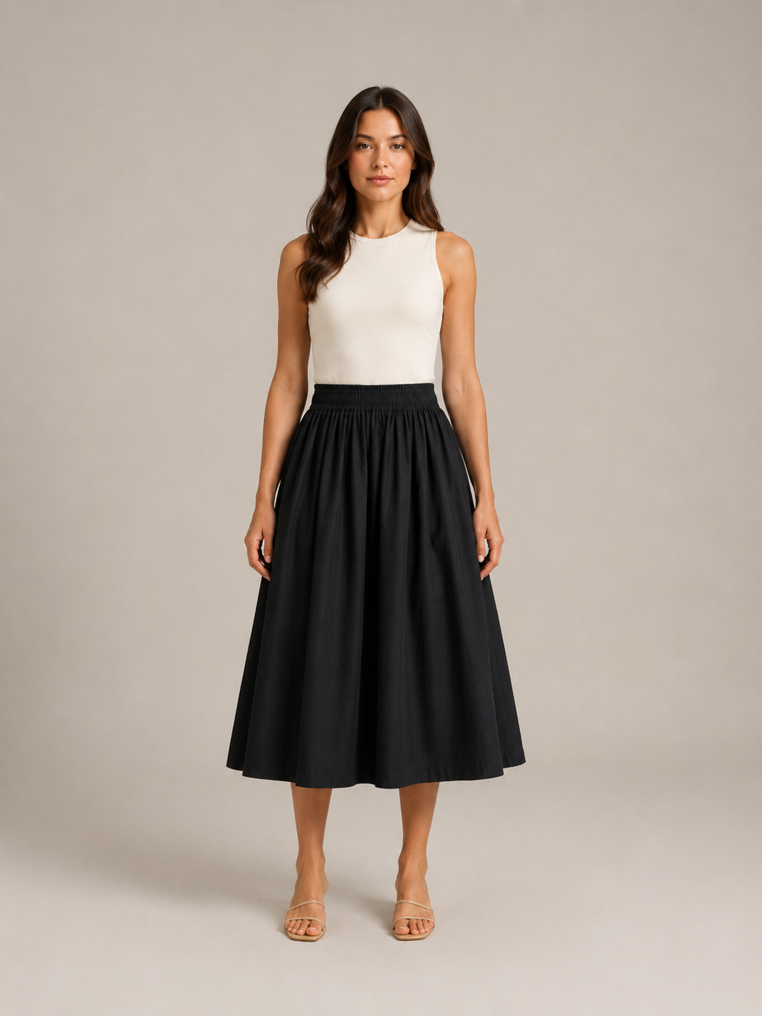 Women’s Pleated Midi Skirt – High-Waisted A-Line Design with Elasticated Waist and Pockets for Work and Weekend Wear