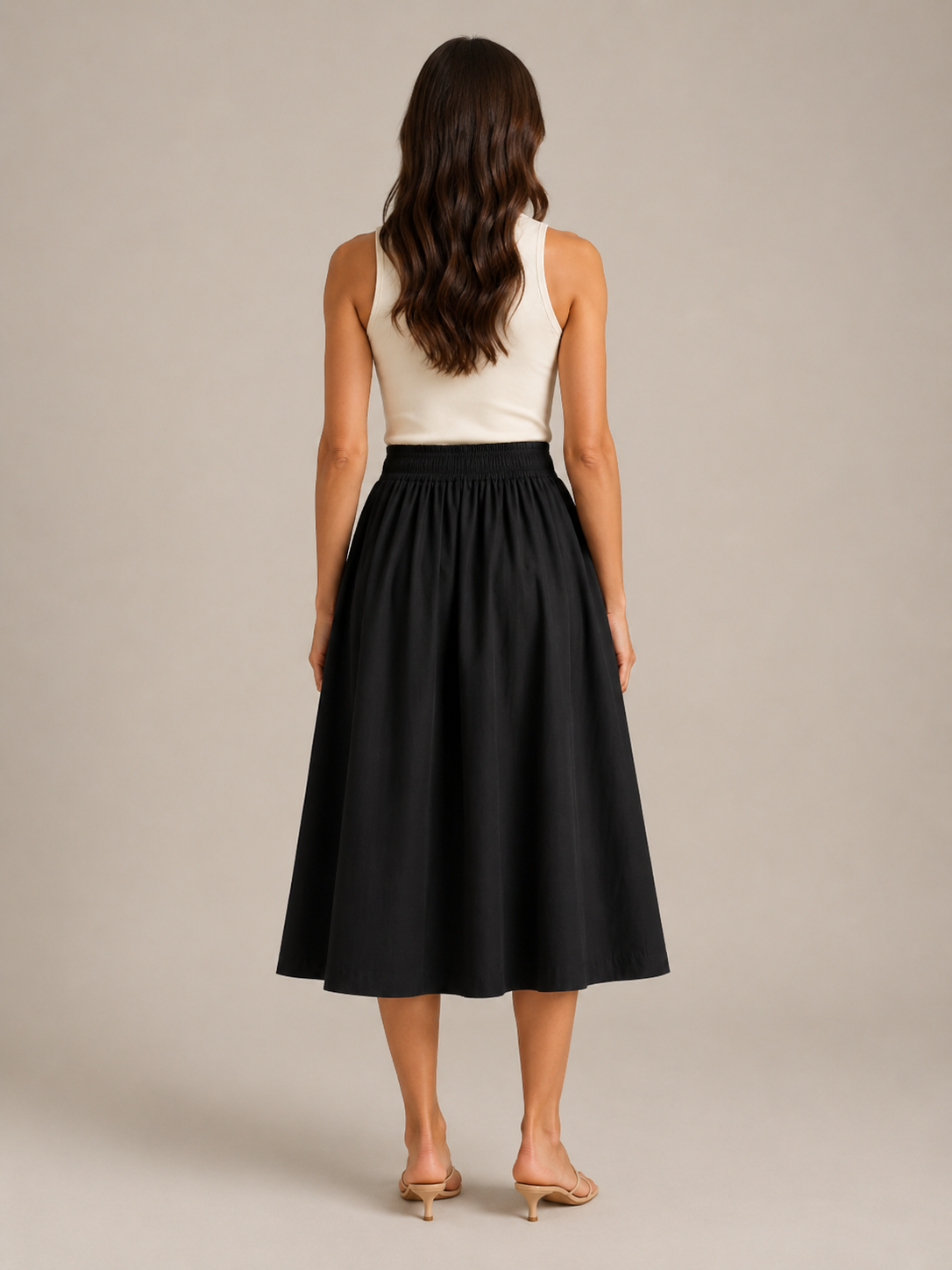 Women’s Pleated Midi Skirt – High-Waisted A-Line Design with Elasticated Waist and Pockets for Work and Weekend Wear