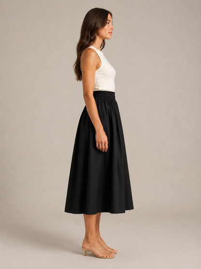 Women’s Pleated Midi Skirt – High-Waisted A-Line Design with Elasticated Waist and Pockets for Work and Weekend Wear