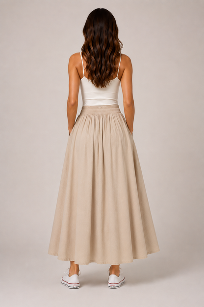 Women’s Pleated Midi Skirt – High-Waisted A-Line Design with Elasticated Waist and Pockets for Work and Weekend Wear