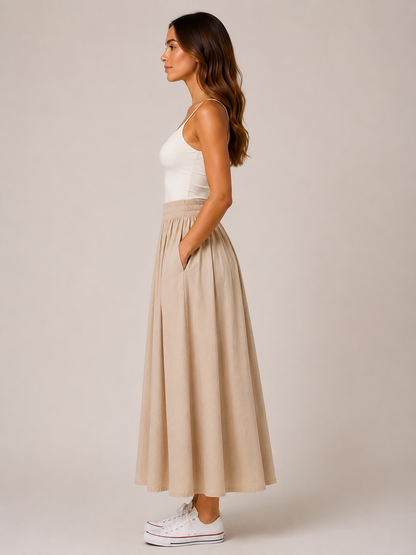 Women’s Pleated Midi Skirt – High-Waisted A-Line Design with Elasticated Waist and Pockets for Work and Weekend Wear