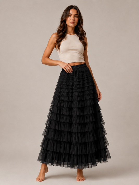 Women’s Tiered Tulle Maxi Skirt – Elasticated High-Waist Design with Layered Ruffles for Weddings Parties and Evening Wear