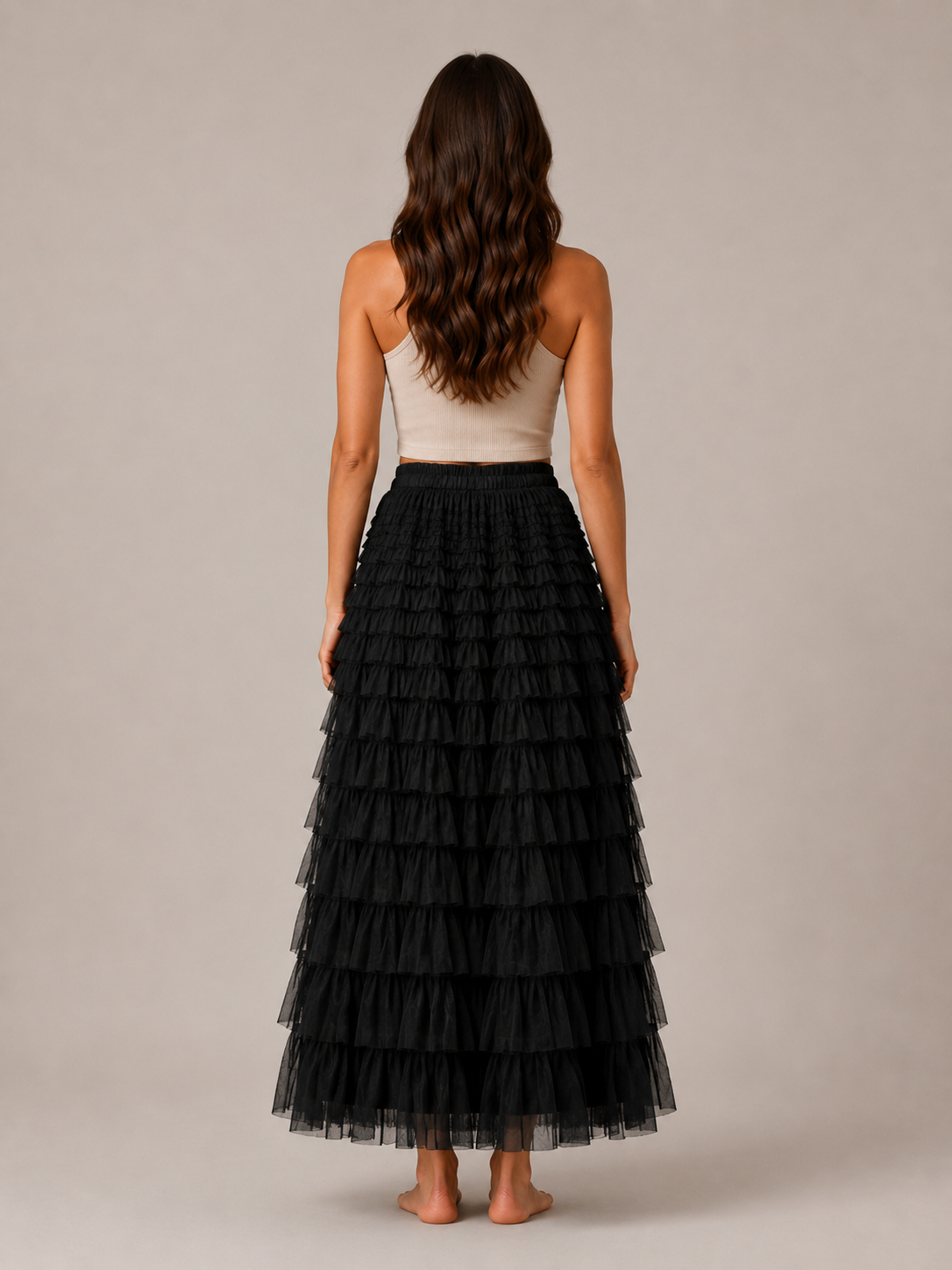 Women’s Tiered Tulle Maxi Skirt – Elasticated High-Waist Design with Layered Ruffles for Weddings Parties and Evening Wear
