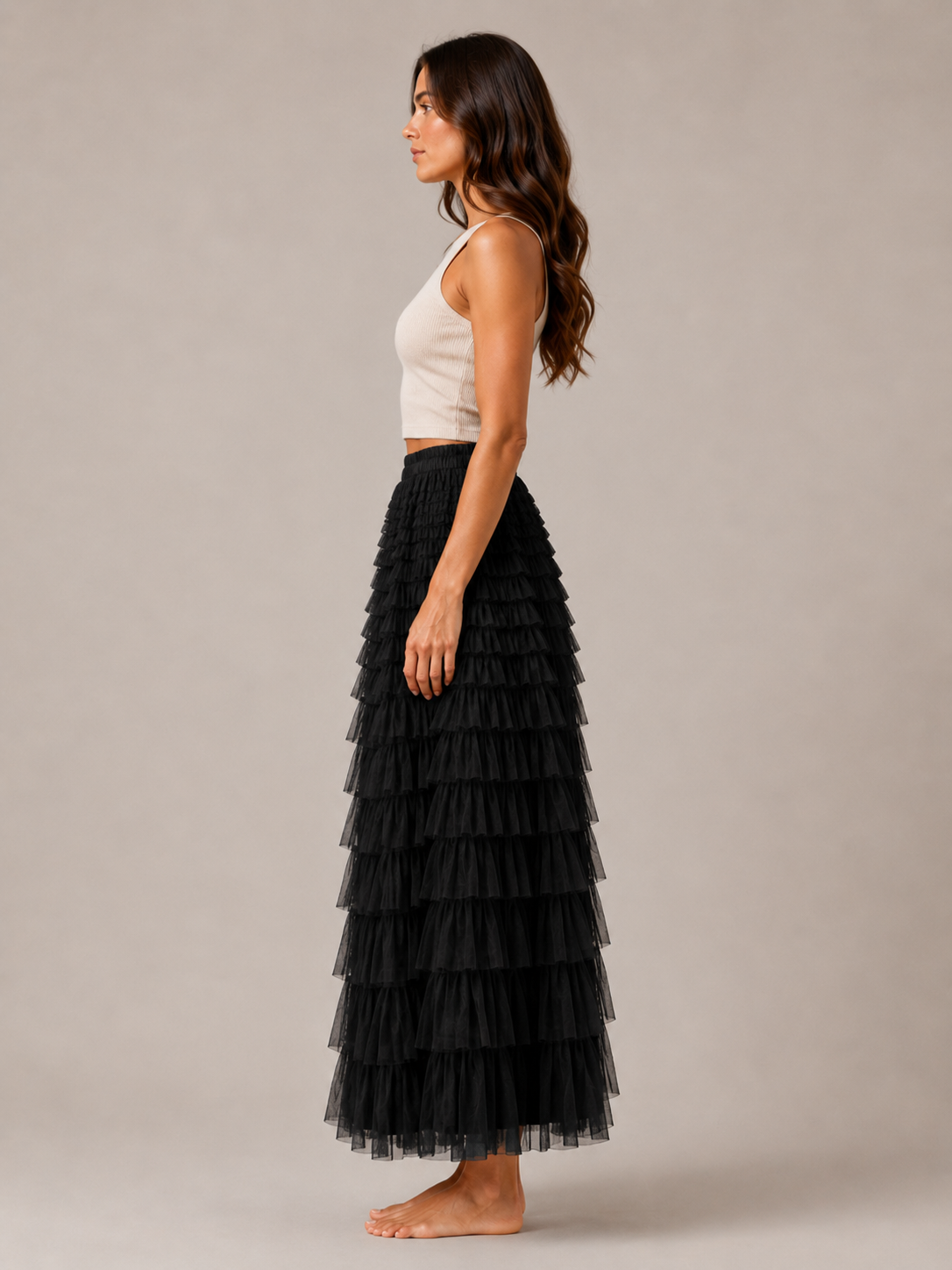 Women’s Tiered Tulle Maxi Skirt – Elasticated High-Waist Design with Layered Ruffles for Weddings Parties and Evening Wear