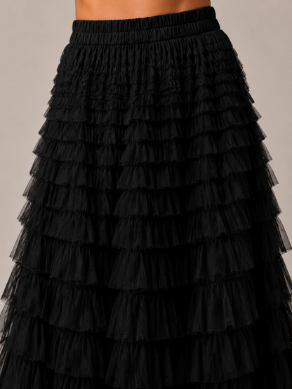 Women’s Tiered Tulle Maxi Skirt – Elasticated High-Waist Design with Layered Ruffles for Weddings Parties and Evening Wear