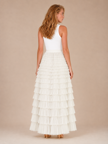 Women’s Tiered Tulle Maxi Skirt – Elasticated High-Waist Design with Layered Ruffles for Weddings Parties and Evening Wear