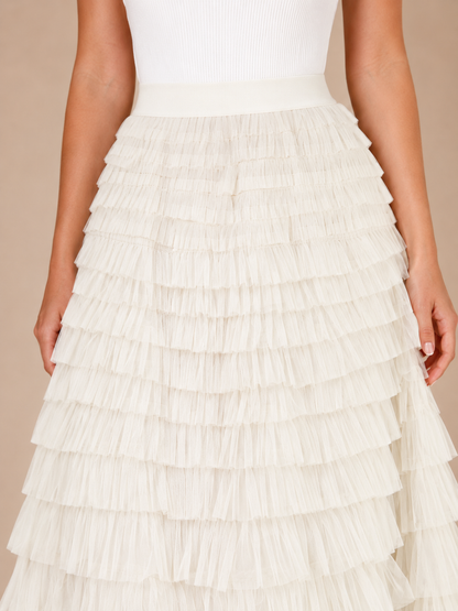 Women’s Tiered Tulle Maxi Skirt – Elasticated High-Waist Design with Layered Ruffles for Weddings Parties and Evening Wear