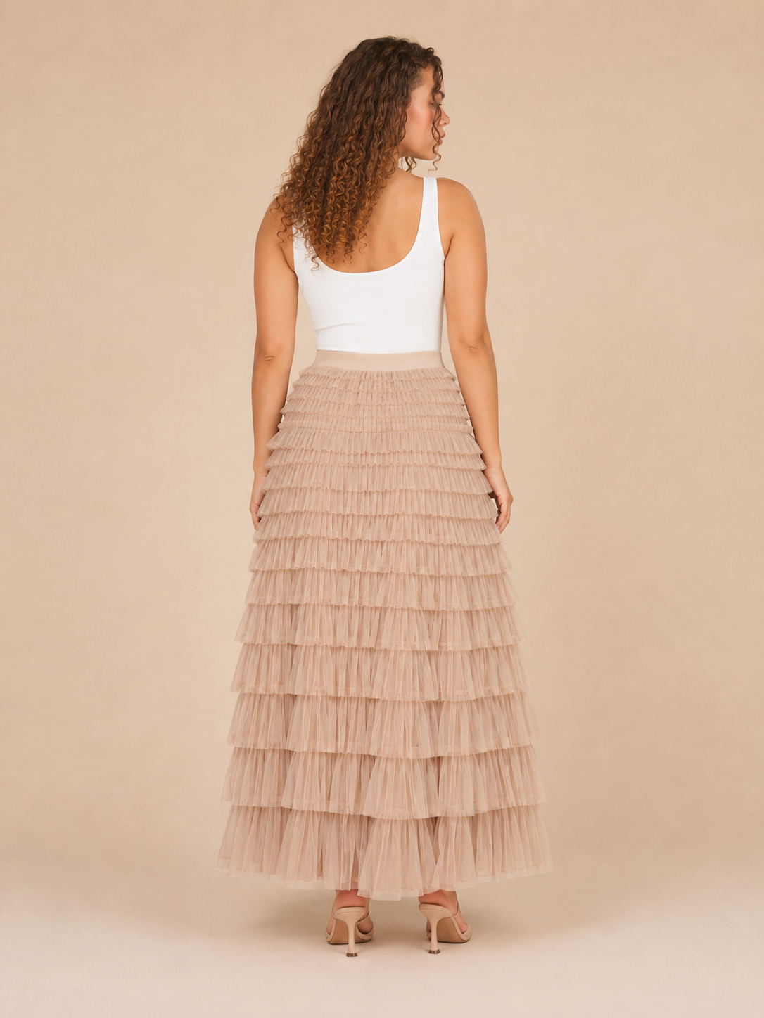 Women’s Tiered Tulle Maxi Skirt – Elasticated High-Waist Design with Layered Ruffles for Weddings Parties and Evening Wear