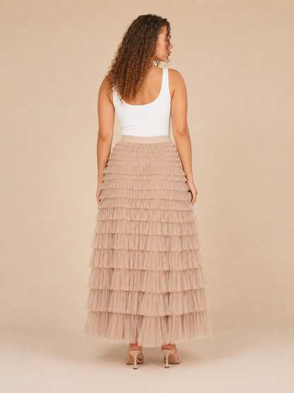 Women’s Tiered Tulle Maxi Skirt – Elasticated High-Waist Design with Layered Ruffles for Weddings Parties and Evening Wear