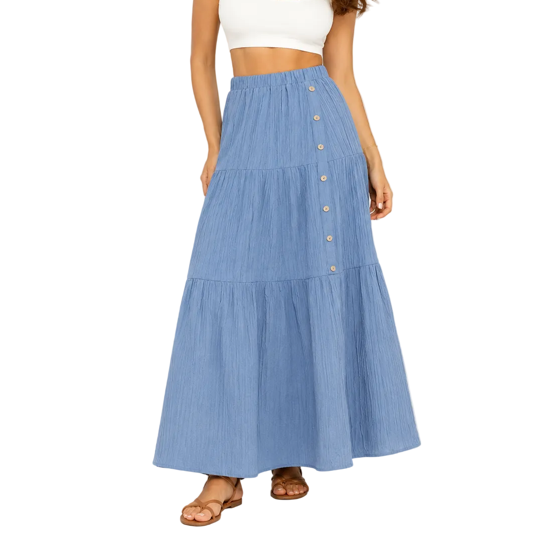Women’s Tiered Boho Maxi Skirt – High-Waisted Elasticated Design with Button Front for Summer Holiday Wear