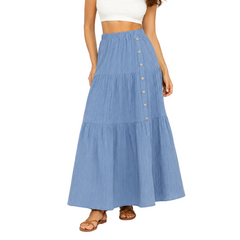 Women’s Tiered Boho Maxi Skirt – High-Waisted Elasticated Design with Button Front for Summer Holiday Wear