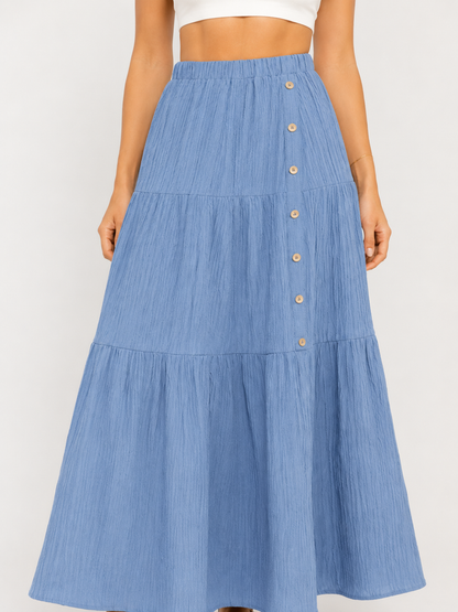 Women’s Tiered Boho Maxi Skirt – High-Waisted Elasticated Design with Button Front for Summer Holiday Wear