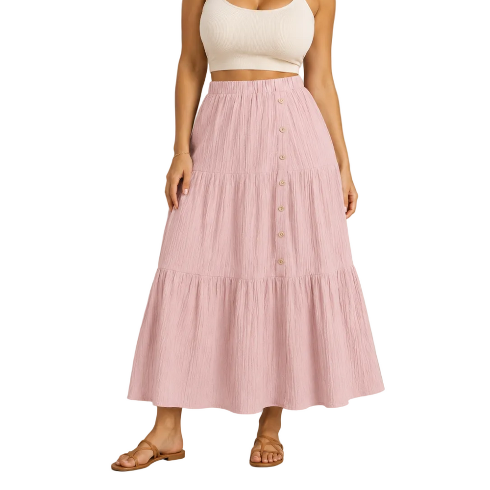 Women’s Tiered Boho Maxi Skirt – High-Waisted Elasticated Design with Button Front for Summer Holiday Wear