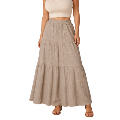 Women’s Tiered Boho Maxi Skirt – High-Waisted Elasticated Design with Button Front for Summer Holiday Wear