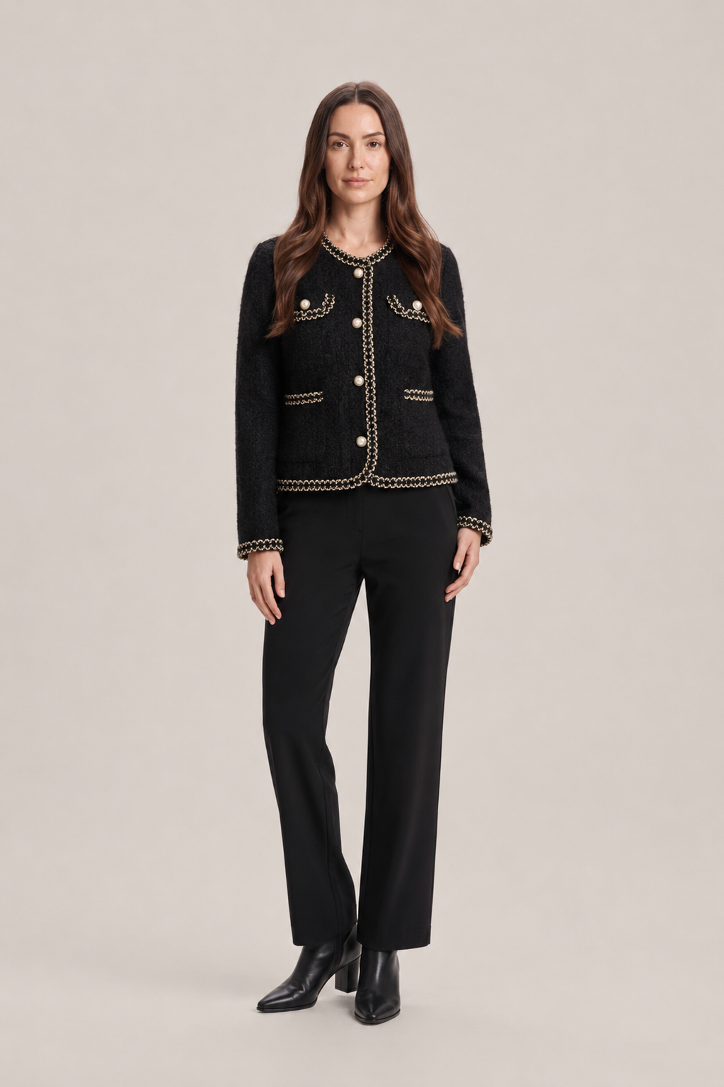 Women’s Tweed Jacket – Fitted Round-Neck Blazer with Pearl Buttons and Chain Trim for Work and Evening Wear