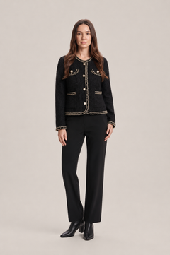 Women’s Tweed Jacket – Fitted Round-Neck Blazer with Pearl Buttons and Chain Trim for Work and Evening Wear