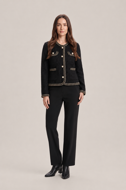 Women’s Tweed Jacket – Fitted Round-Neck Blazer with Pearl Buttons and Chain Trim for Work and Evening Wear