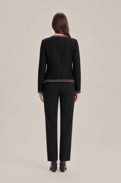 Women’s Tweed Jacket – Fitted Round-Neck Blazer with Pearl Buttons and Chain Trim for Work and Evening Wear
