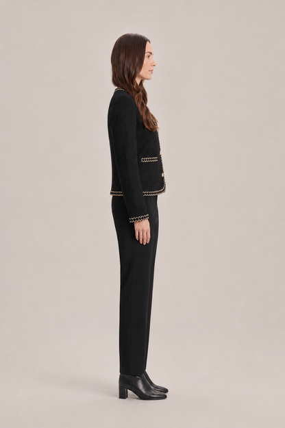 Women’s Tweed Jacket – Fitted Round-Neck Blazer with Pearl Buttons and Chain Trim for Work and Evening Wear