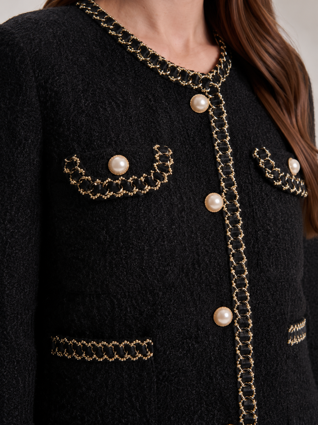 Women’s Tweed Jacket – Fitted Round-Neck Blazer with Pearl Buttons and Chain Trim for Work and Evening Wear