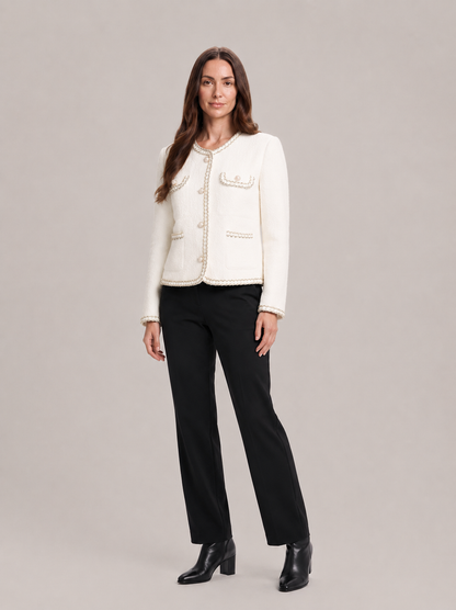 Women’s Tweed Jacket – Fitted Round-Neck Blazer with Pearl Buttons and Chain Trim for Work and Evening Wear