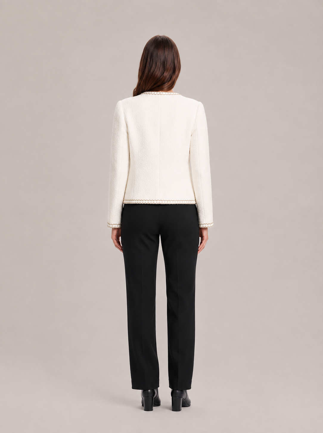 Women’s Tweed Jacket – Fitted Round-Neck Blazer with Pearl Buttons and Chain Trim for Work and Evening Wear
