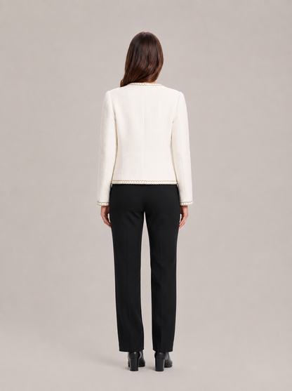 Women’s Tweed Jacket – Fitted Round-Neck Blazer with Pearl Buttons and Chain Trim for Work and Evening Wear