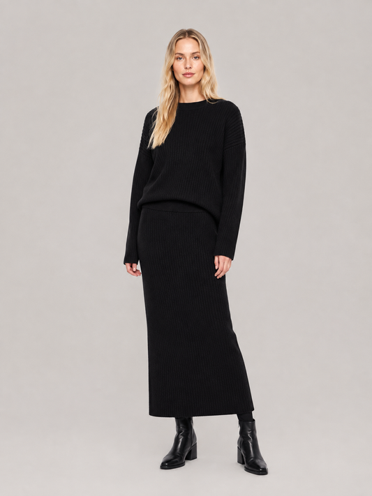 Women’s Ribbed Knit Two-Piece Set – Relaxed Crew-Neck Sweater with Fitted Maxi Skirt for Autumn Wear
