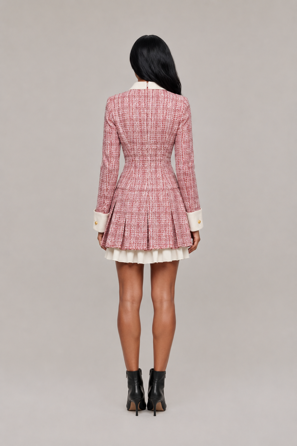 Women’s Tweed-Style Blazer Mini Dress – Contrast Collar with Gold-Tone Buttons and Pleated Hem for Smart Occasion Wear