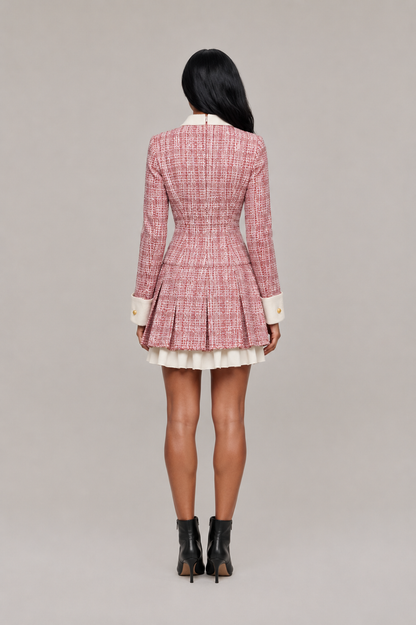 Women’s Tweed-Style Blazer Mini Dress – Contrast Collar with Gold-Tone Buttons and Pleated Hem for Smart Occasion Wear