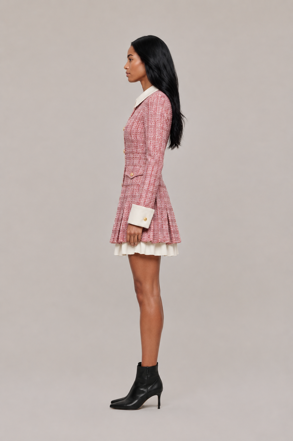 Women’s Tweed-Style Blazer Mini Dress – Contrast Collar with Gold-Tone Buttons and Pleated Hem for Smart Occasion Wear
