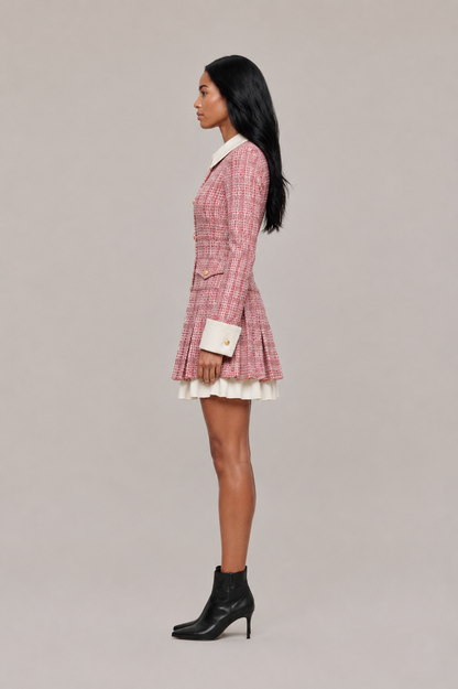 Women’s Tweed-Style Blazer Mini Dress – Contrast Collar with Gold-Tone Buttons and Pleated Hem for Smart Occasion Wear