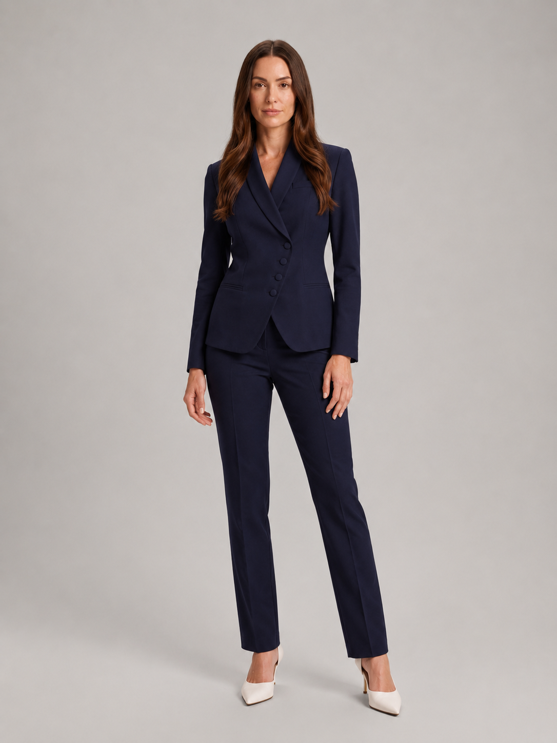 Women’s Asymmetric Blazer Trouser Suit – Tailored Wrap-Front Jacket with Straight-Leg Trousers for Office and Business Wear