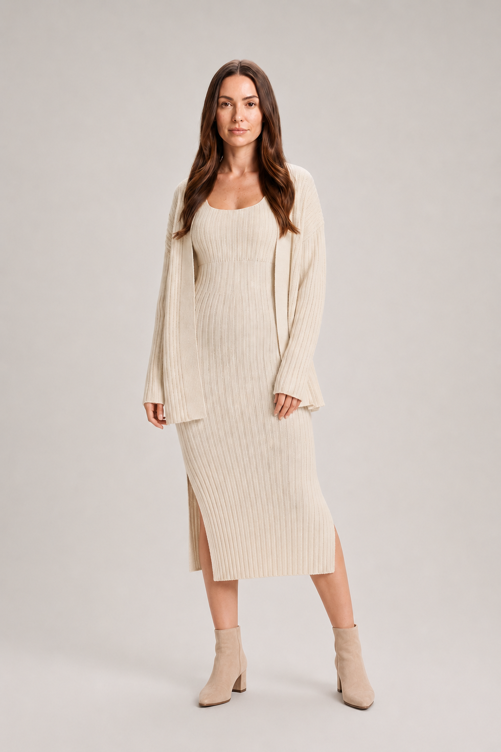 Women’s Ribbed Knit Midi Dress Set – Sleeveless Fitted Dress with Longline Cardigan for Autumn Layering